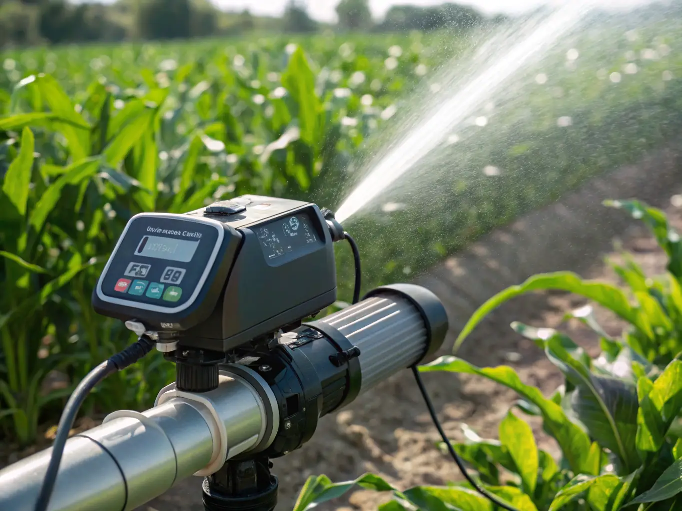 A high-resolution image showcasing a modern, energy-efficient water pump installed in a rural agricultural setting, emphasizing sustainable water usage and technological advancement.