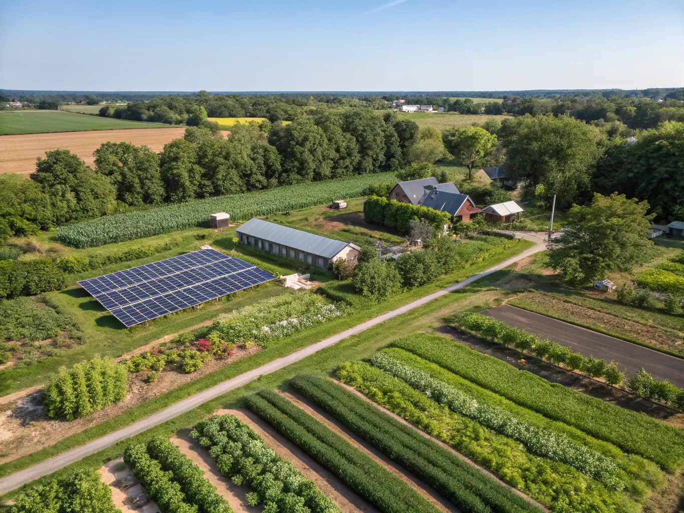 An aerial view of a sustainable farm system, highlighting the integration of natural resources and eco-friendly practices.