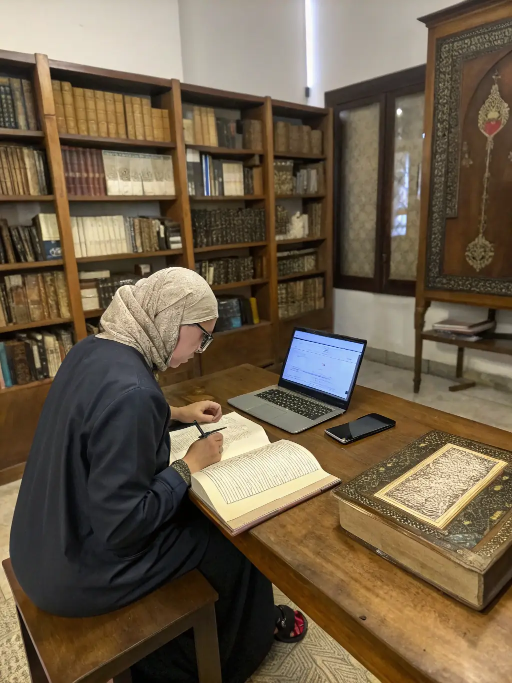 A serene image depicting a scholar contemplating ancient Islamic texts overlaid with quantum physics equations, symbolizing the integration of traditional wisdom and modern science in QİM.