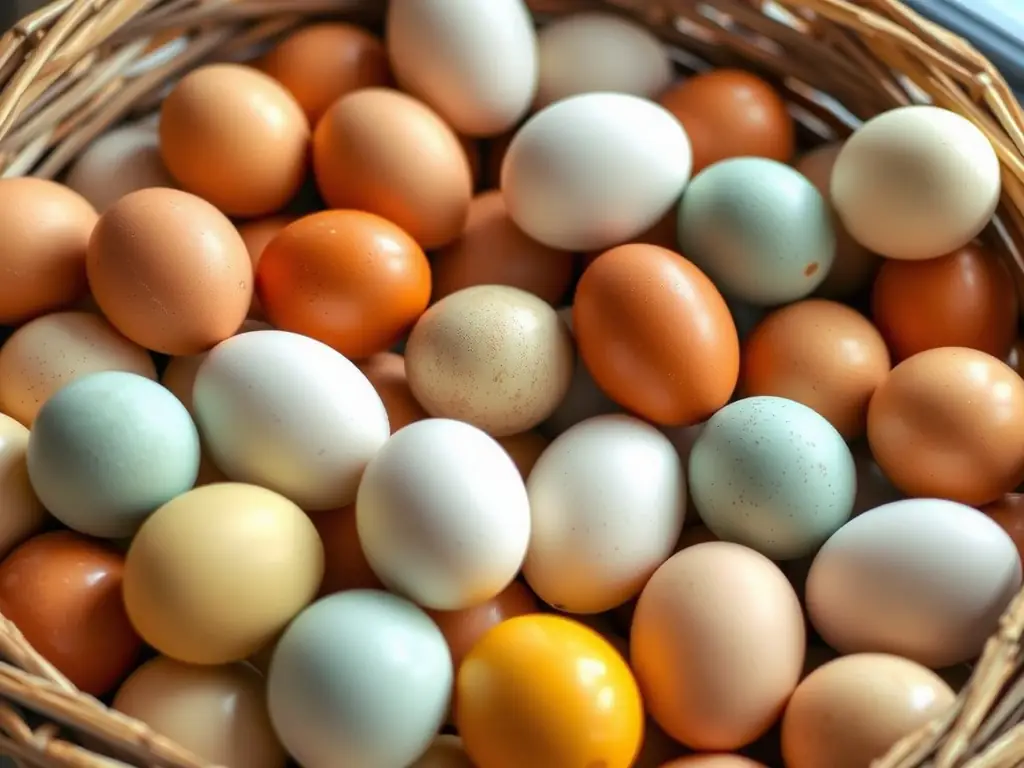 A close-up shot of Anatolian Pasture Chicken Eggs in a woven basket, showcasing their natural color and texture, with a QR code visible for traceability.