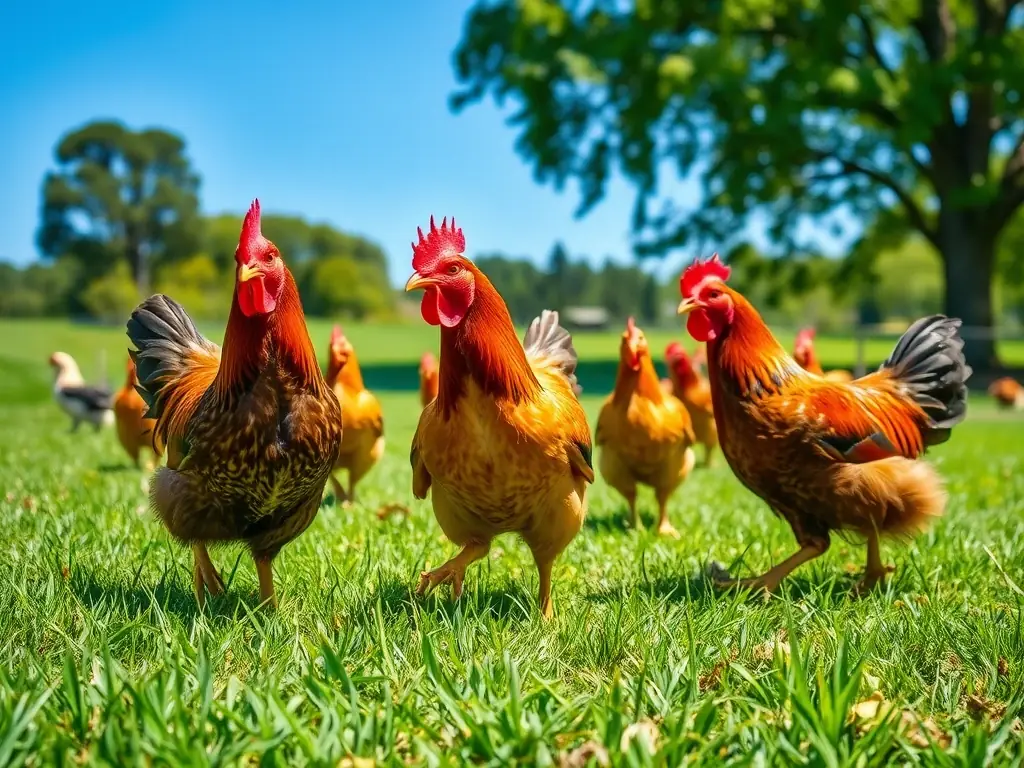 A wide shot of chickens freely roaming in a lush green pasture, emphasizing their access to open space and natural environment.